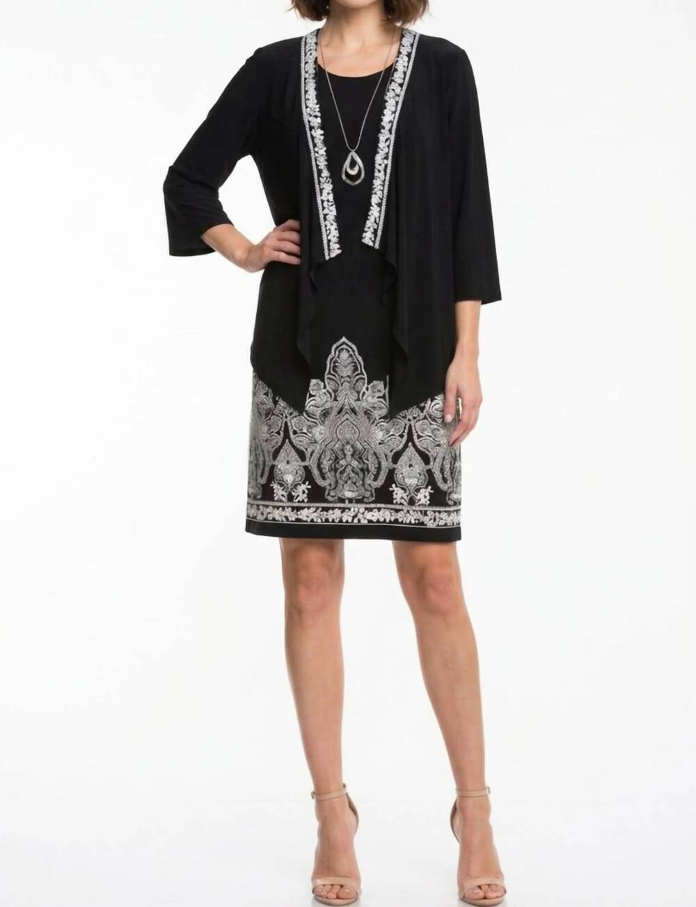 NEW SANDRA DARREN 3/4 sleeve attached jacket dress in black white
